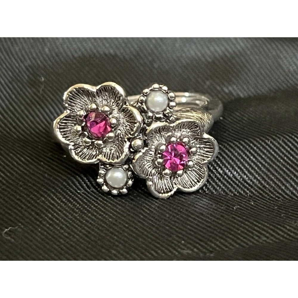 Avon Flower Statement Ring Pink Rhinestone Faux Pearl Silver Tone Sz 6-7.5